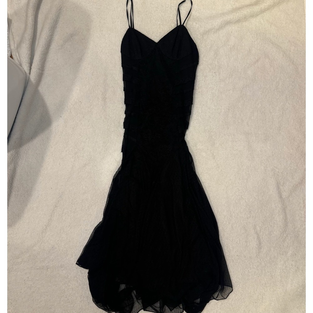 Haute Hippie Black Lace Ruched Mesh Ruffle Gown Dress XS